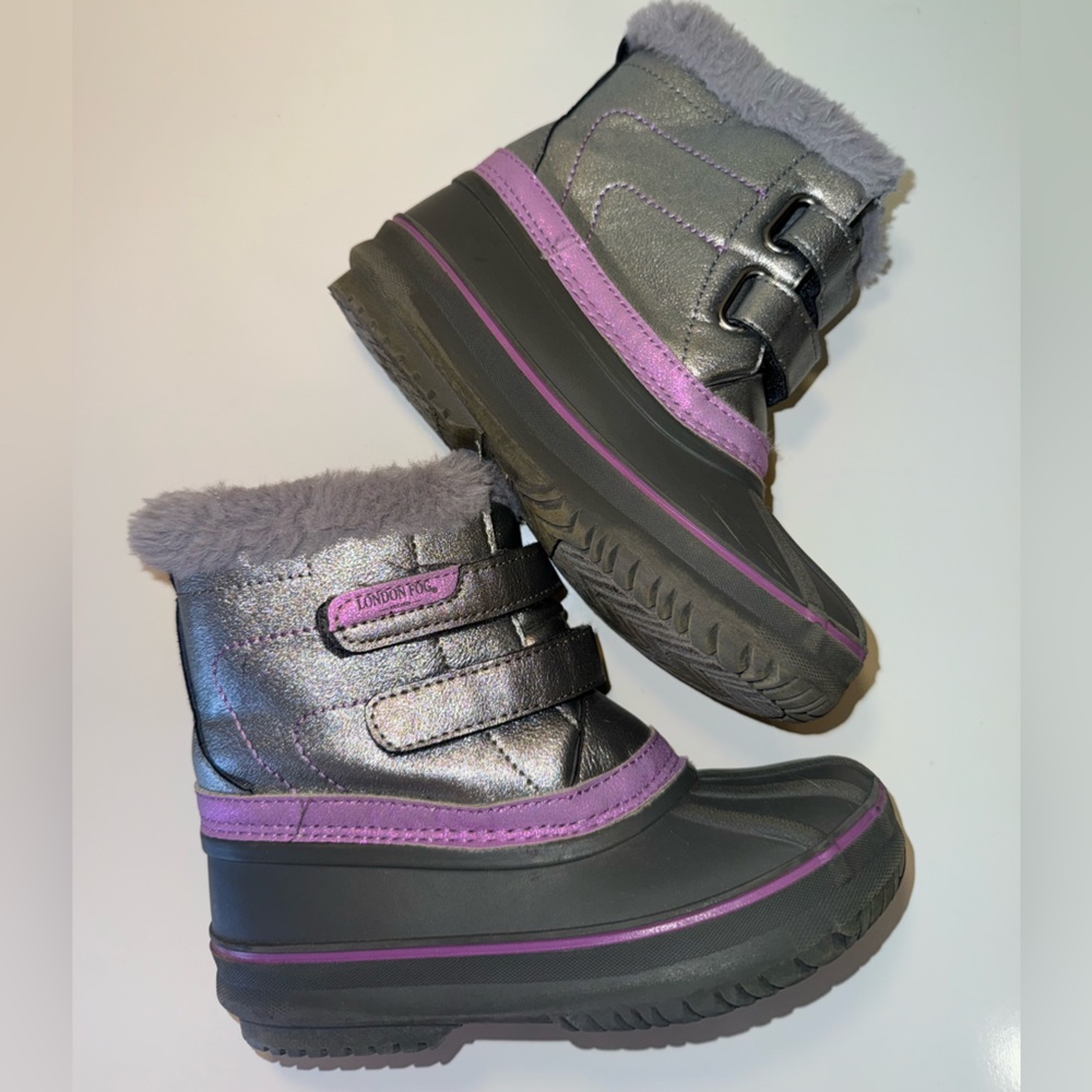 LONDON FOG GRAY SILVER & PURPLE LITTLE GIRLS LINED SNOWBOOTS SZ 10